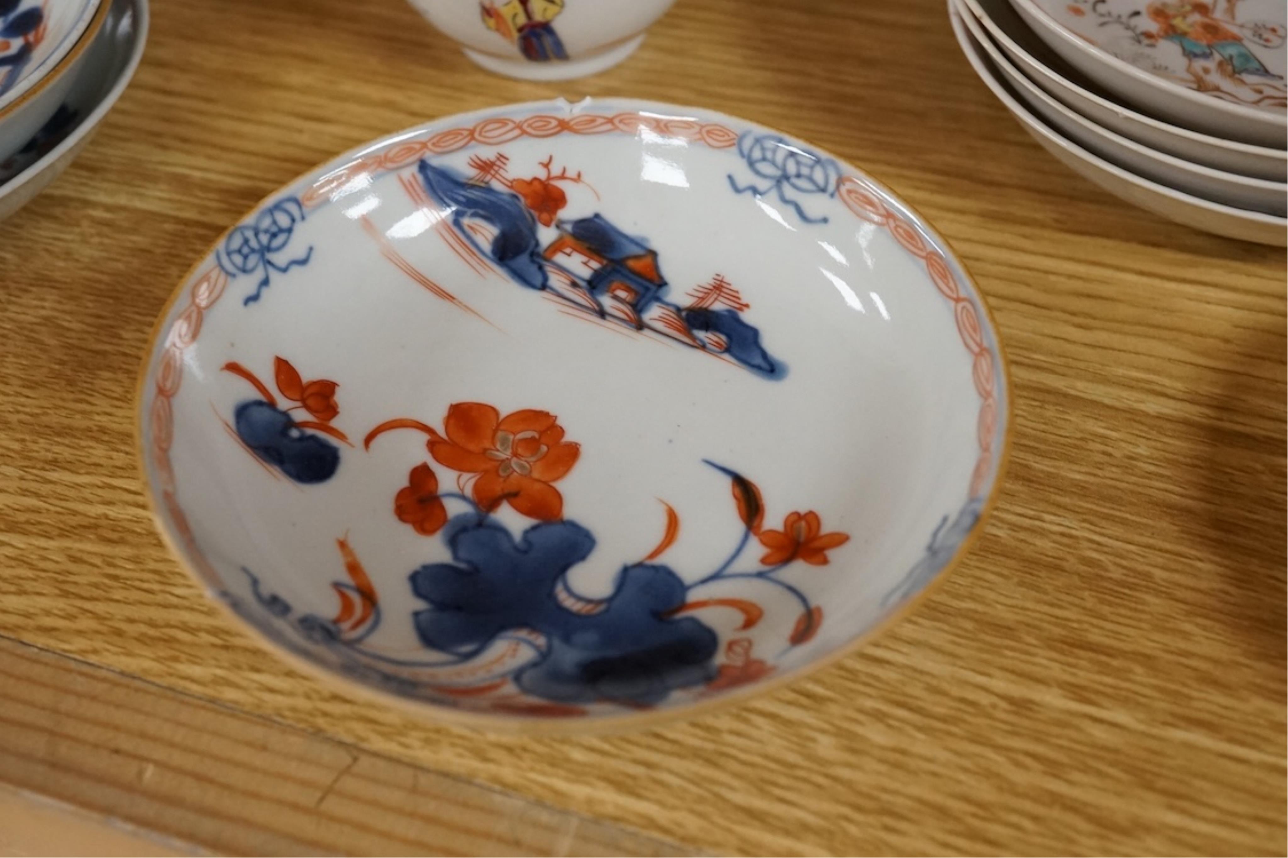 Four 18th century Chinese Imari teabowls and saucers, and a set of five 18th century famille rose teabowls and saucers, saucers 11.5cm